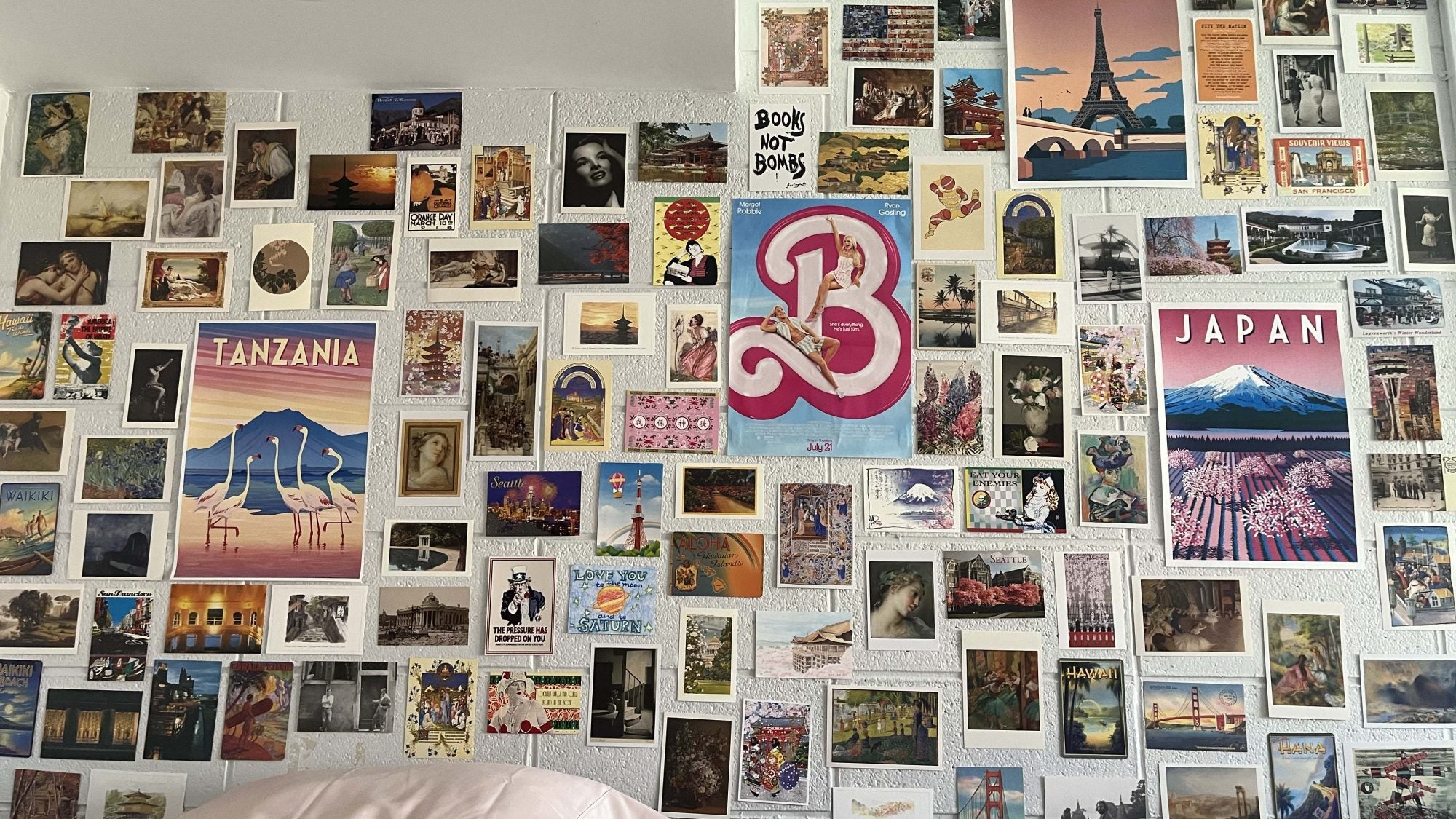 Dorm wall decorated with post cards