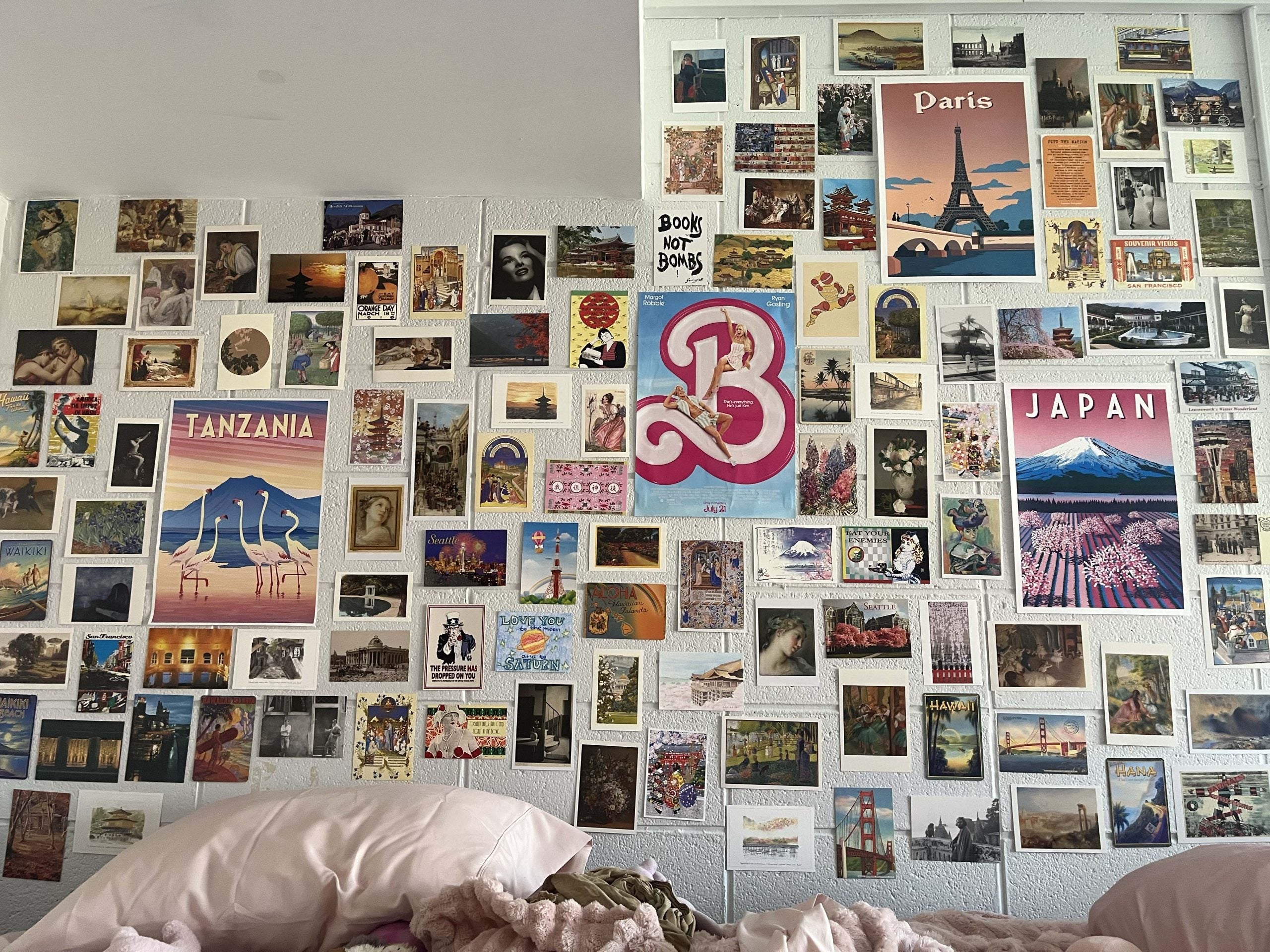 Dorm wall decorated with post cards