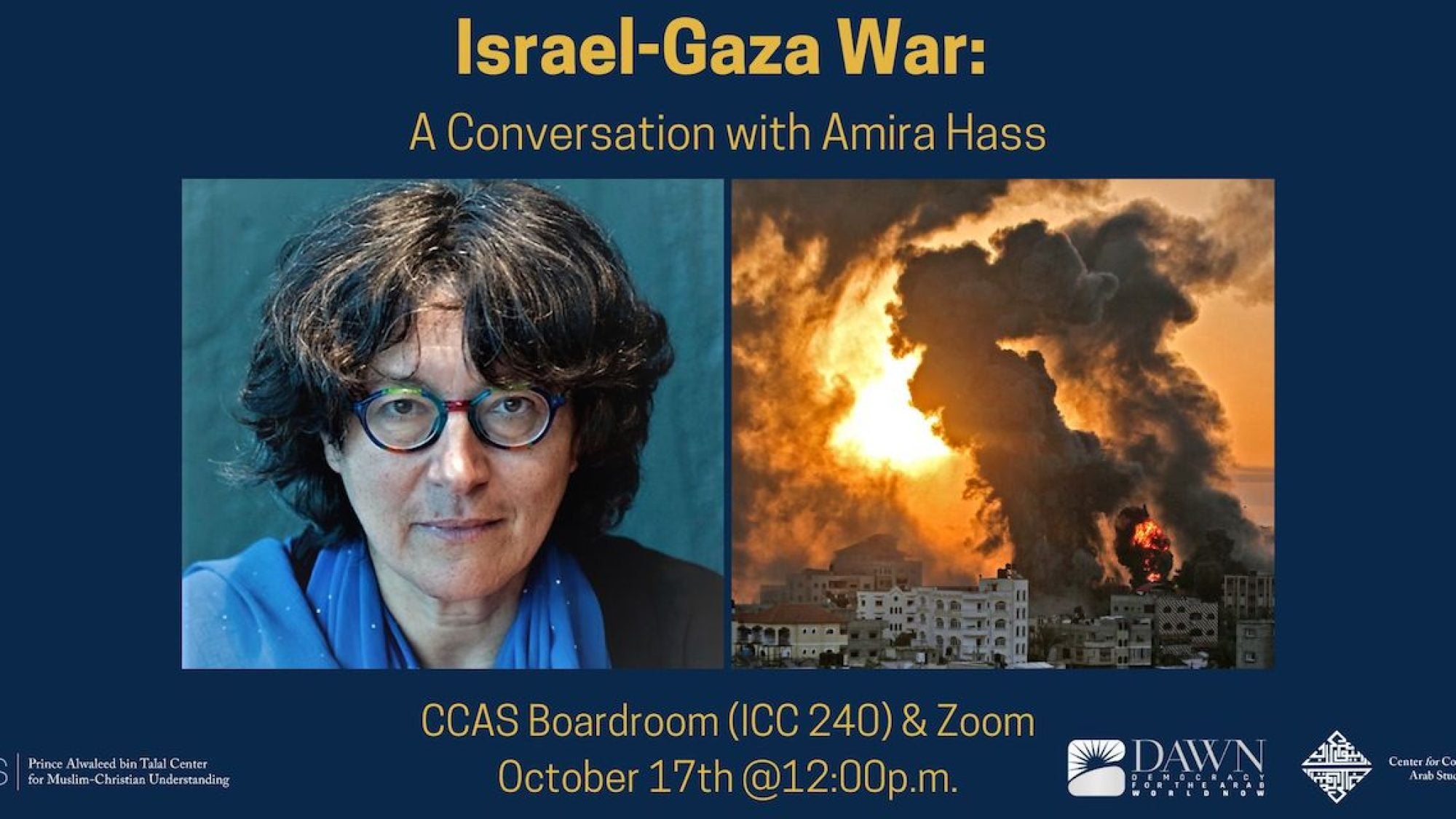 Graphic with indvidual with long hair and glasses, and text: &quot;Israel-Gaza War: A Conversation with Amira Hass,&quot; and logistical details.