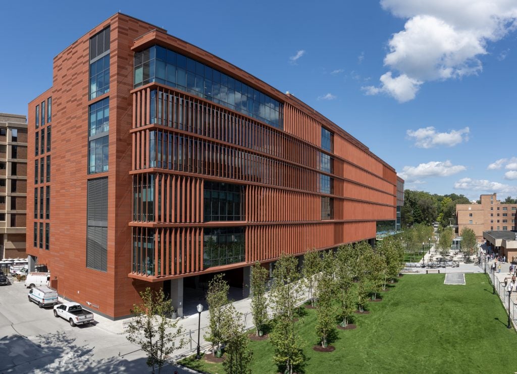 A sleek, modern brown building on Georgetown's campus.