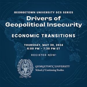 Graphic with stylized map of earth and text: "Drivers of Geopolitical Insecurity: Economic Transitions," and logistics information.