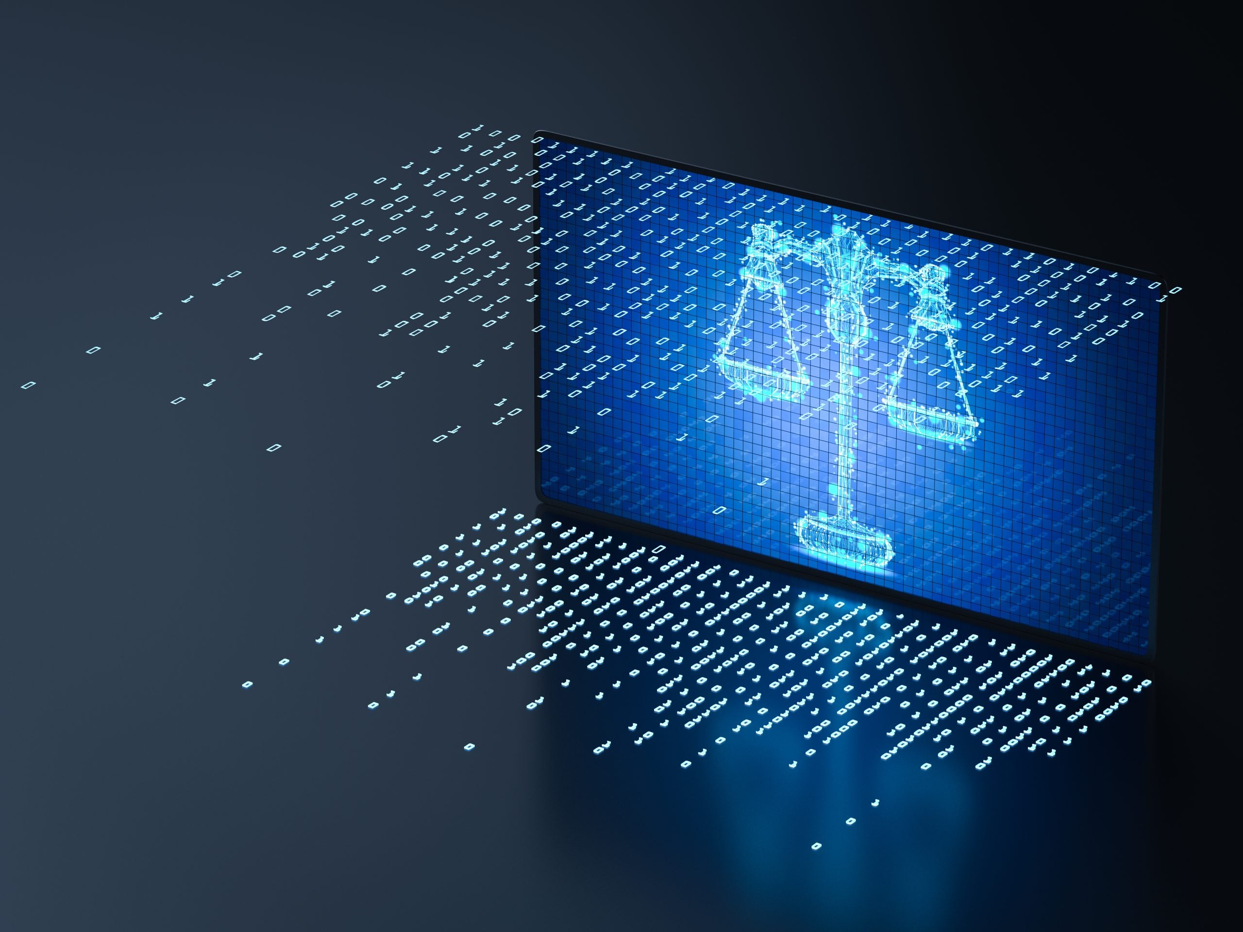 A 3D rendering of a digital screen display with a scale to illustrate a cyber law concept.