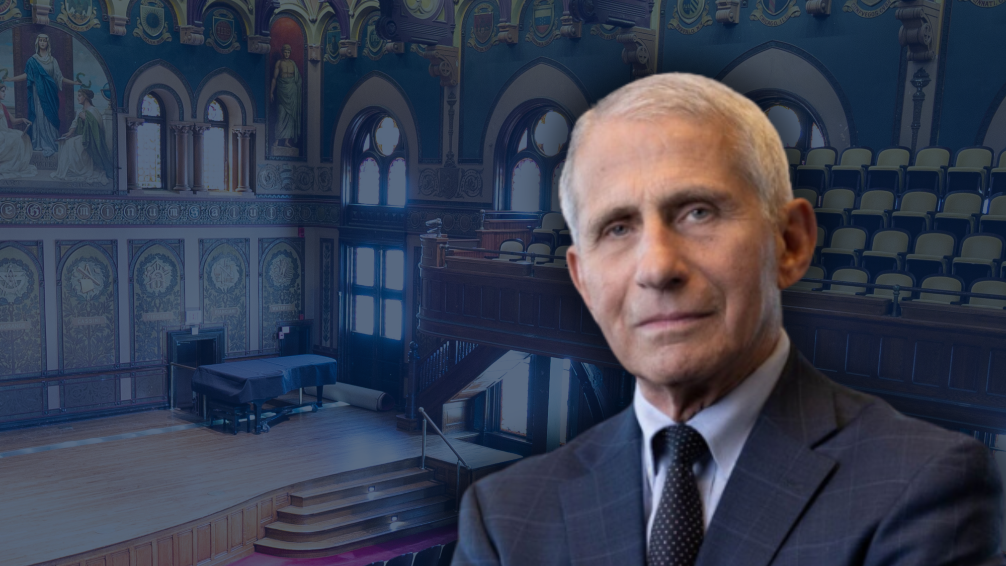 Dr. Fauci in a suit, shown in front of scenic image of Gaston Hall.