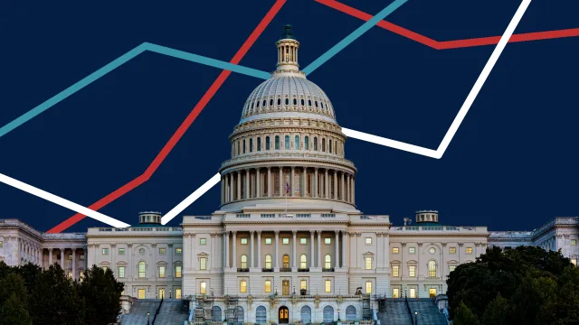 A graphical image of the U.S. Capitol with red, blue and white angled lines behind it.