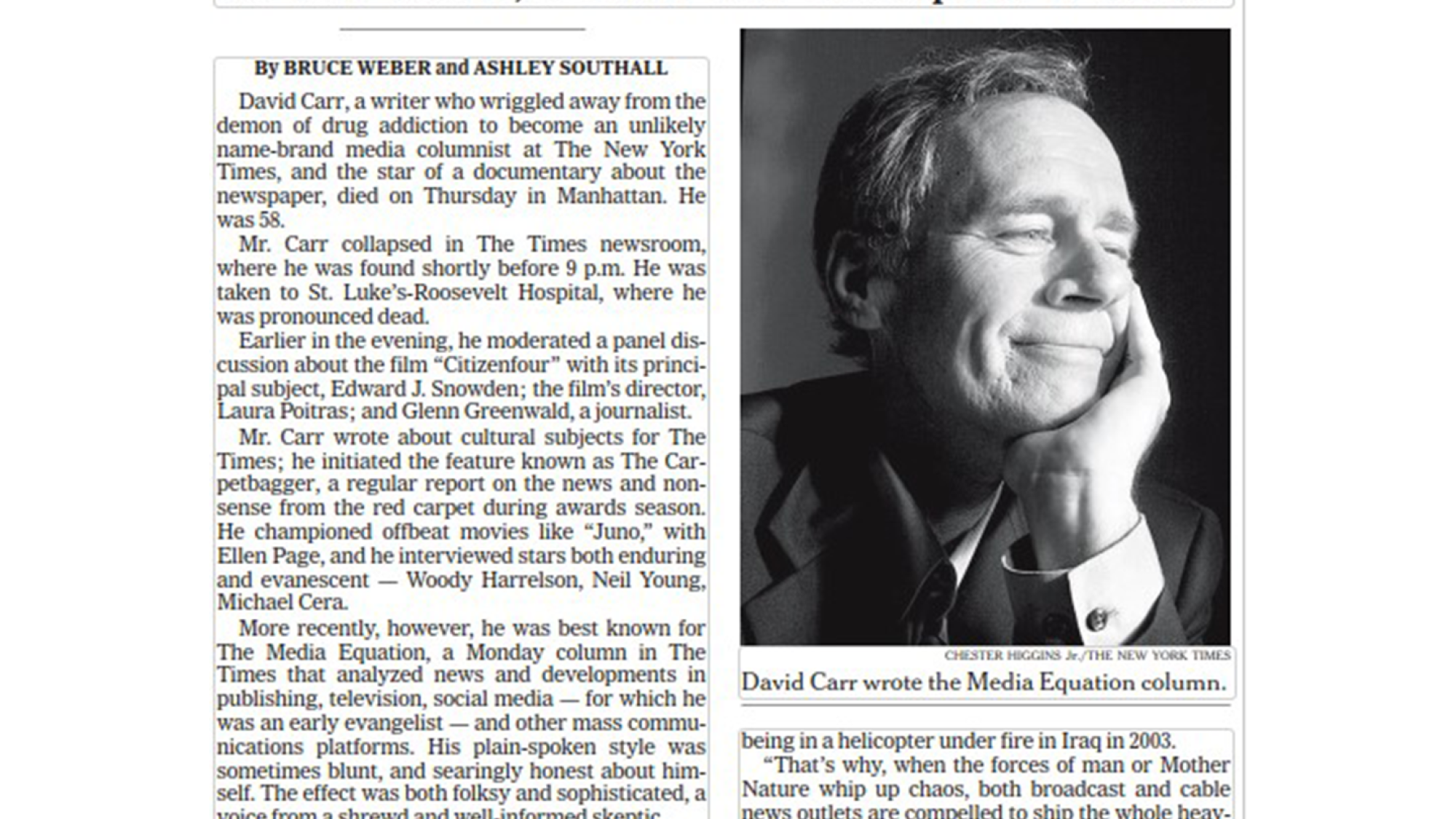 David Carr obituary page in the New York Times titled &quot;At the Times, a Critic and Champion of Media&quot; with black-and-white photo of David.