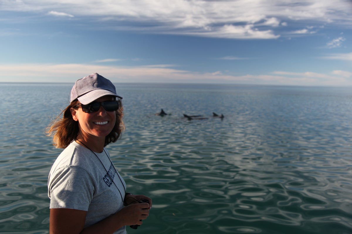 A woman in a white t shirt and hat with the ocean behind her and some dolphins in the water.