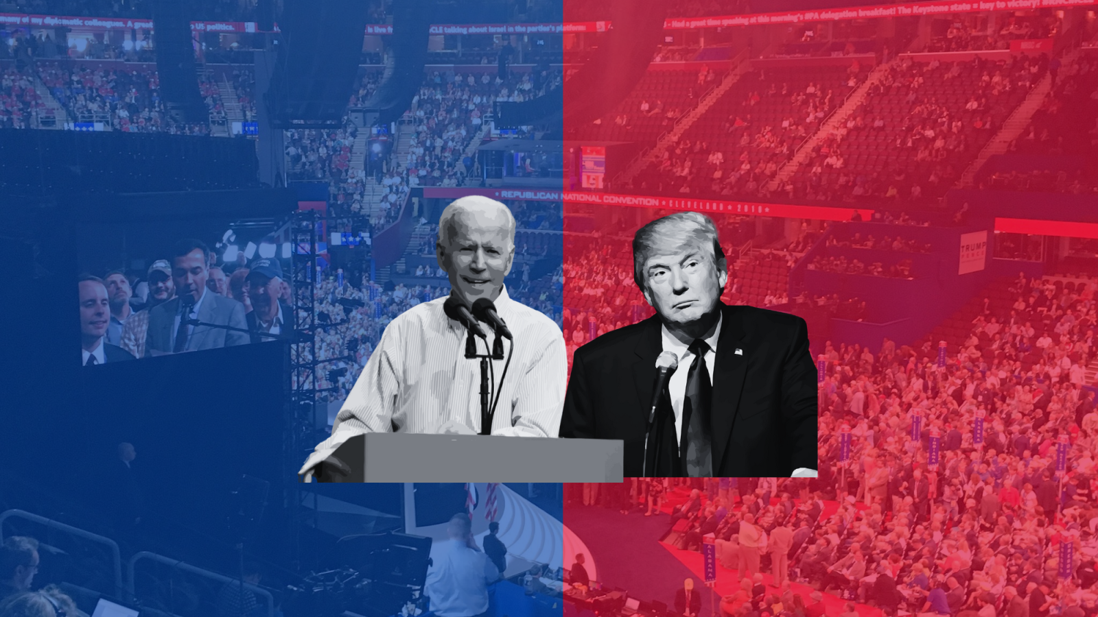 Red and blue graphic with black and white photos of Biden and Trump.
