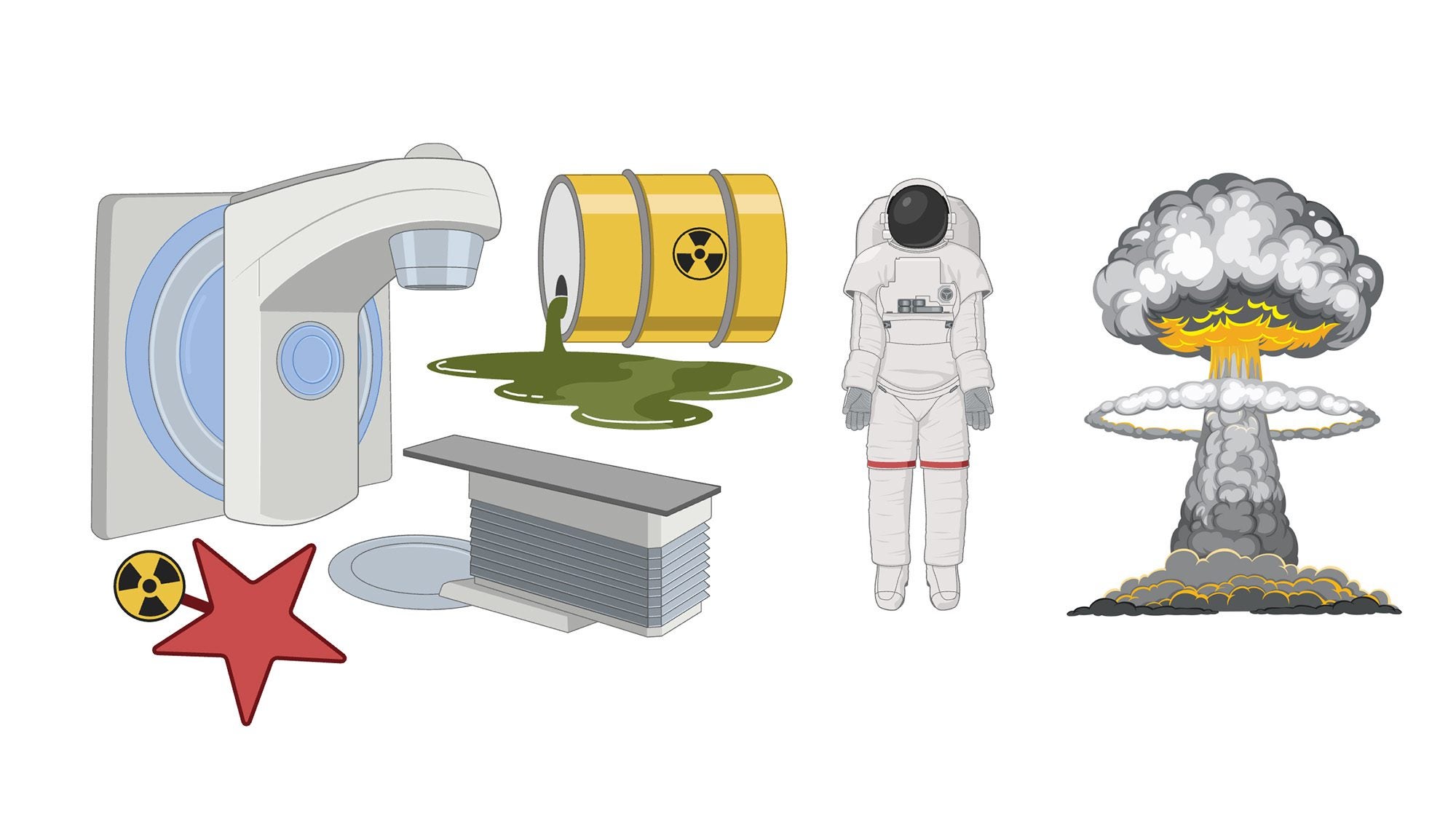 A compilation of illustrations depicting various sources of radiation including an atom bomb blast