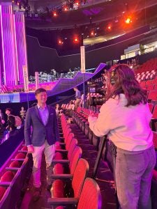 Bennie being interviewed by a reporter at the DNC