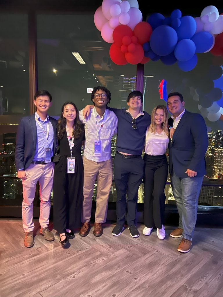 Students in a high rise overlooking the city