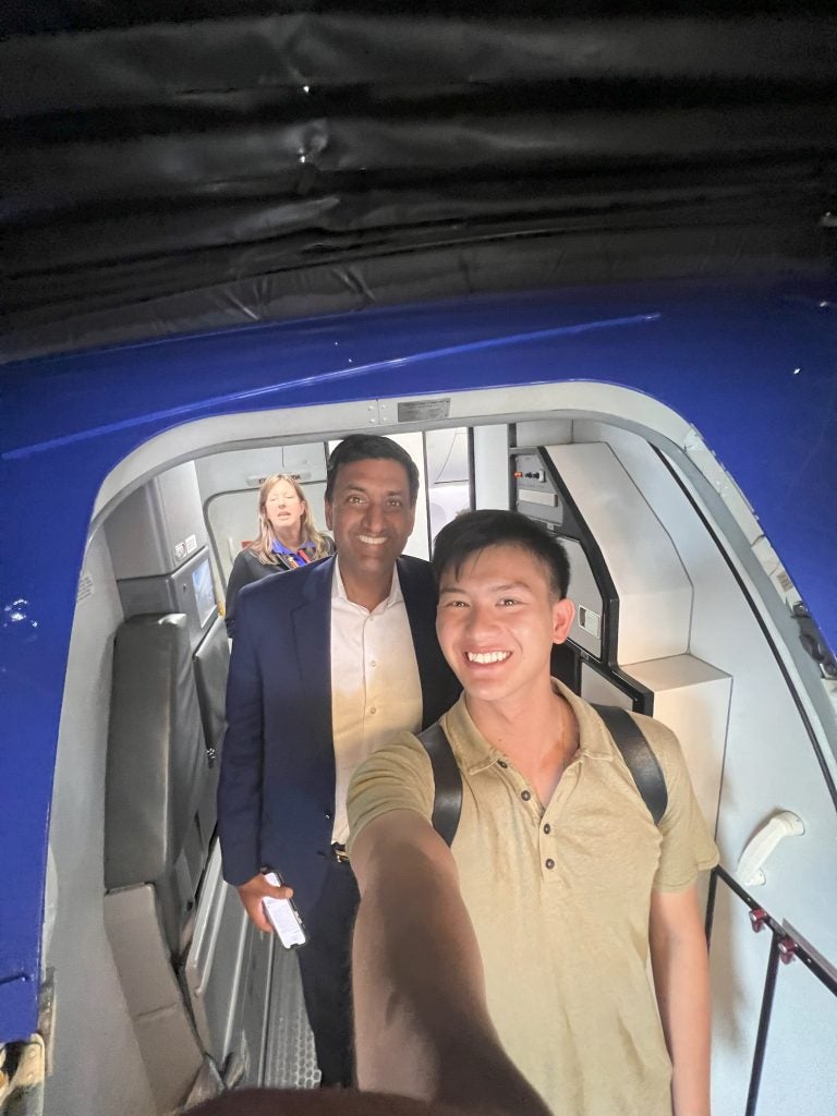 Selfie of Bennie exiting a plane with Rho Khanna