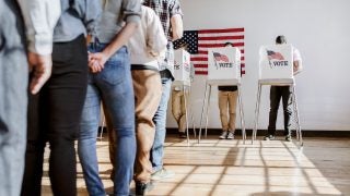 A line forms to vote in an American election