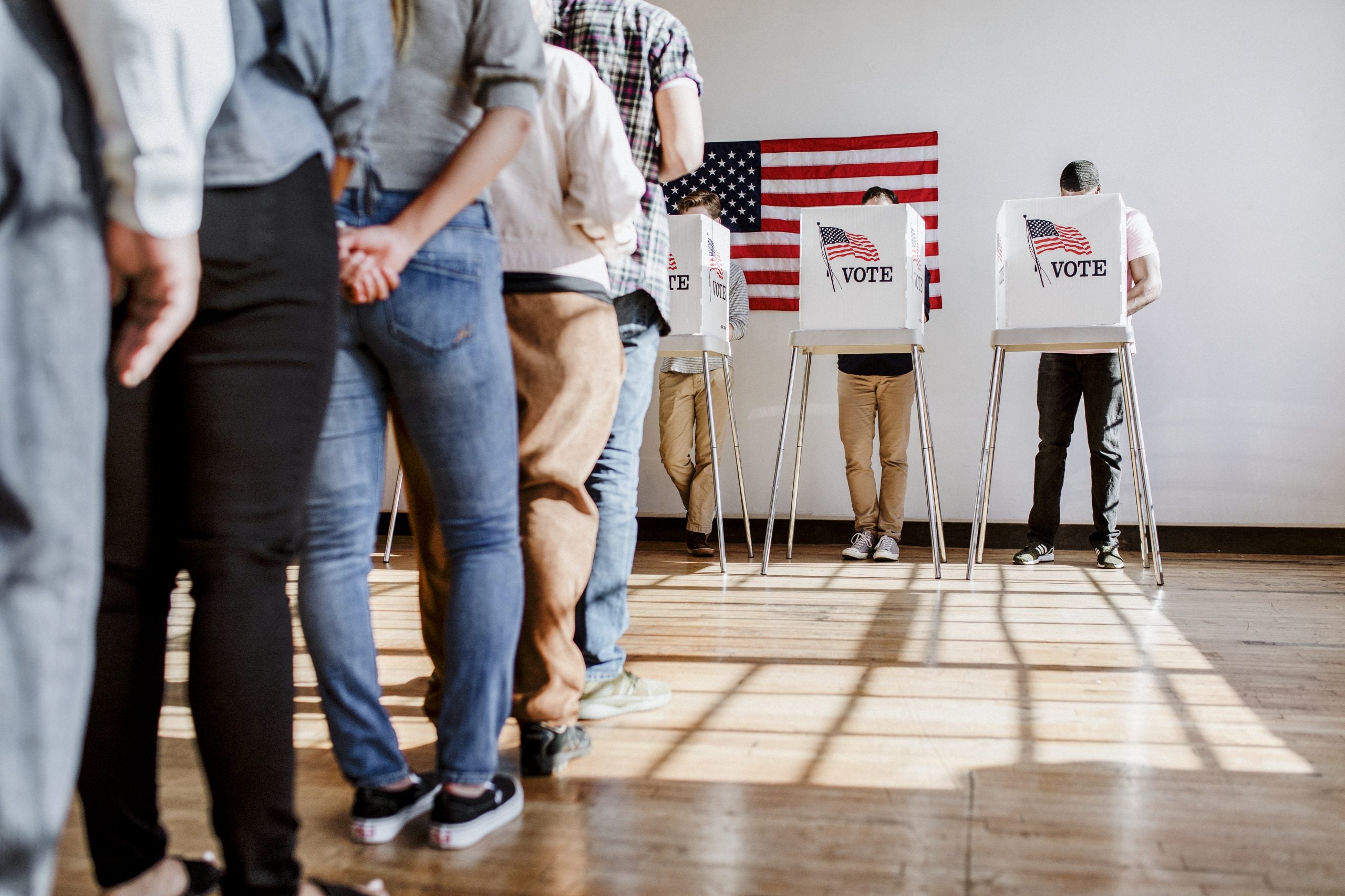 A line forms to vote in an American election