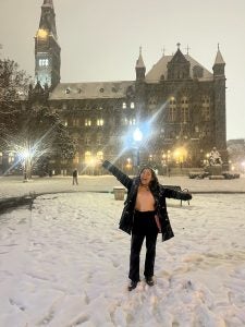 Mara on Healy Lawn on a snowy night