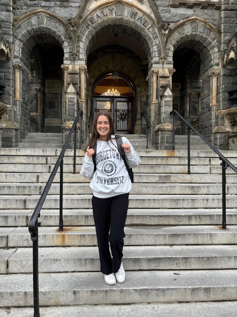 Sarah Brannigan on Healy Hall steps