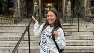 Sarah Brannigan on Healy Hall steps