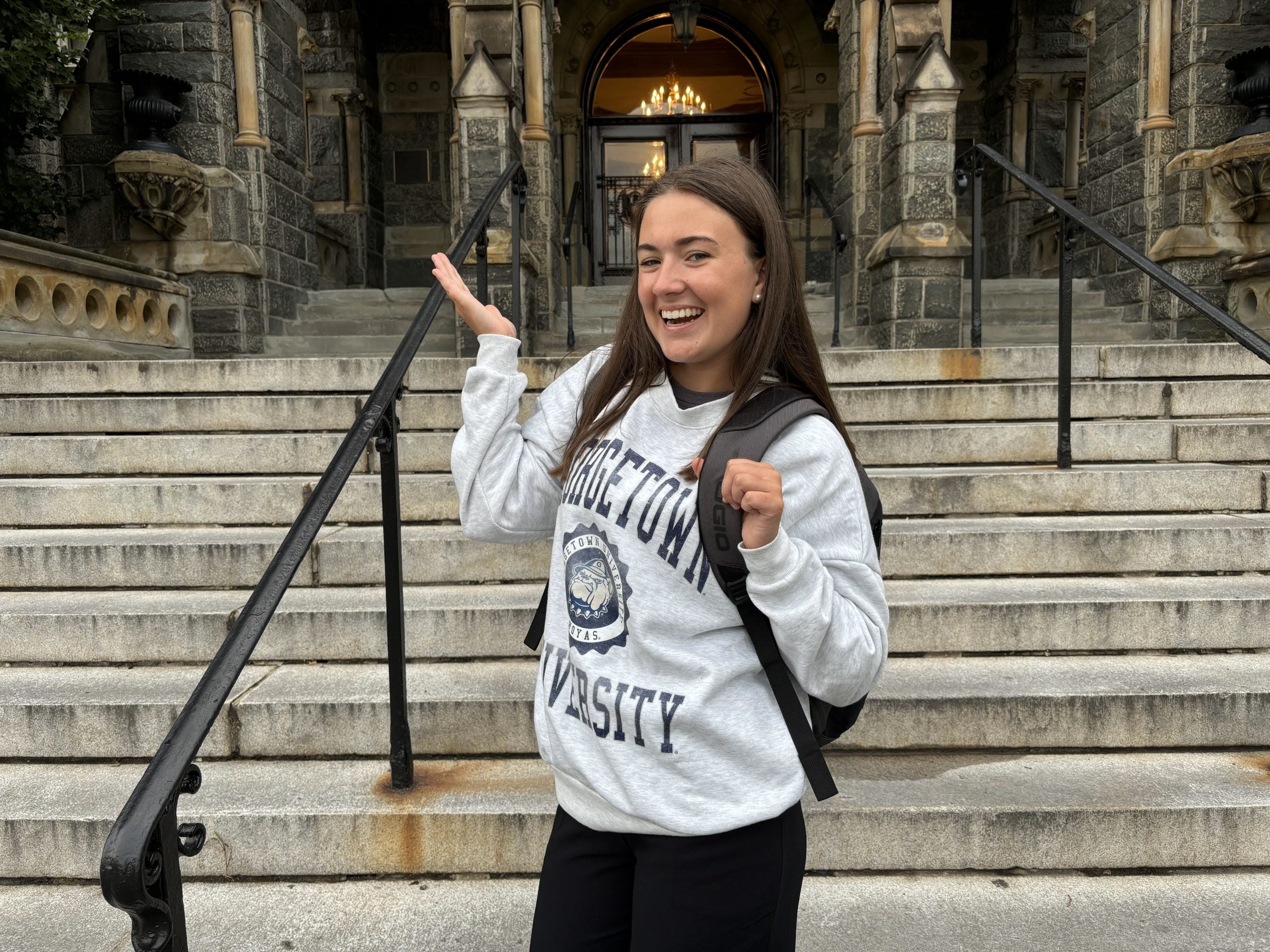 Sarah Brannigan on Healy Hall steps