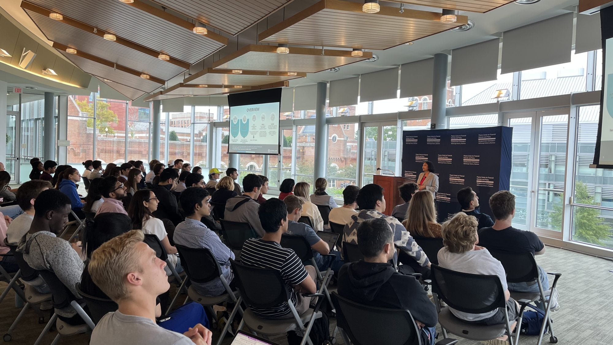 Anshula Kant speaking to a crowd of students in Fisher Colloquium