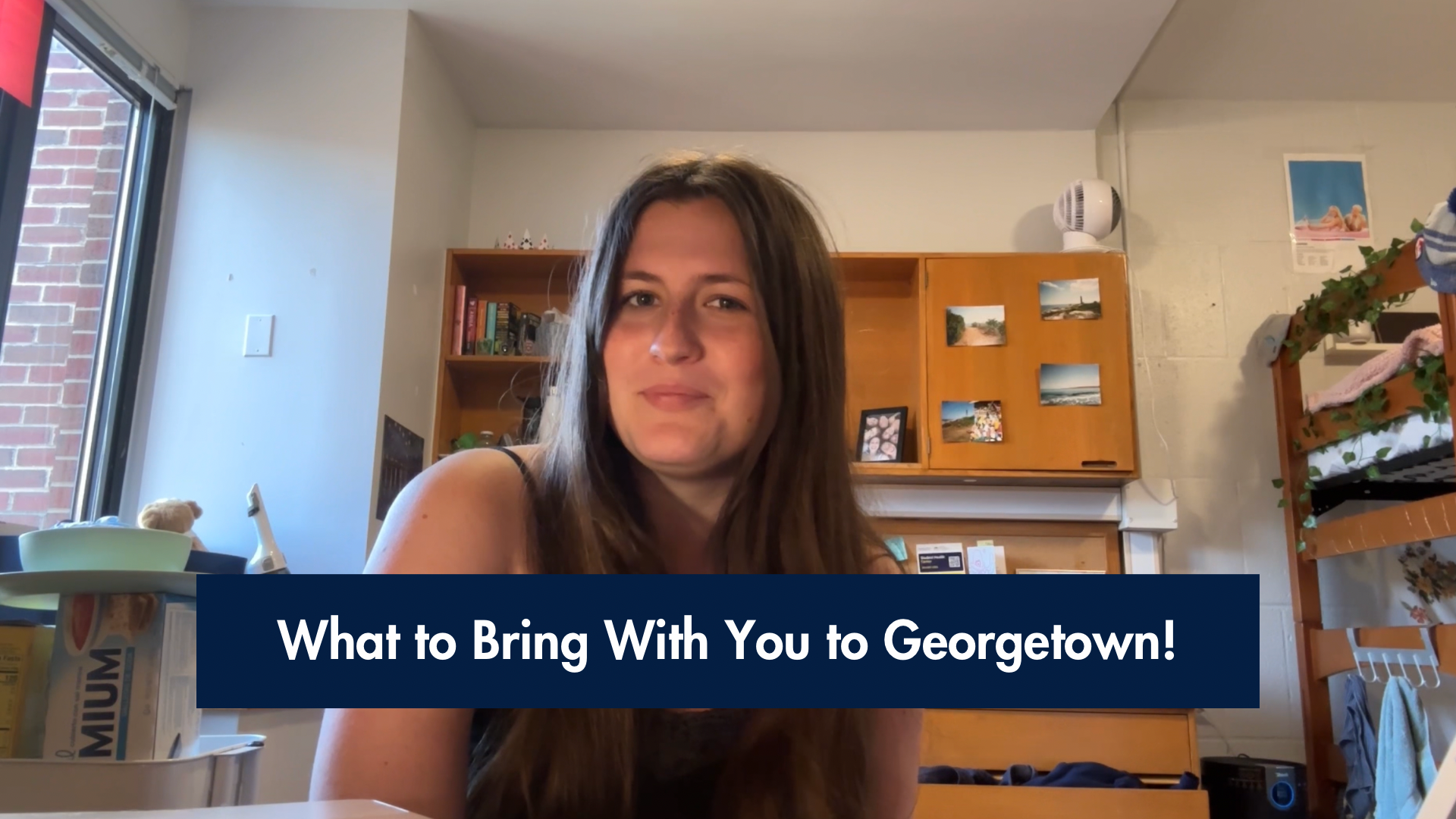 Sydney Carroll in her dorm room with text that says What to Bring to Georgetown