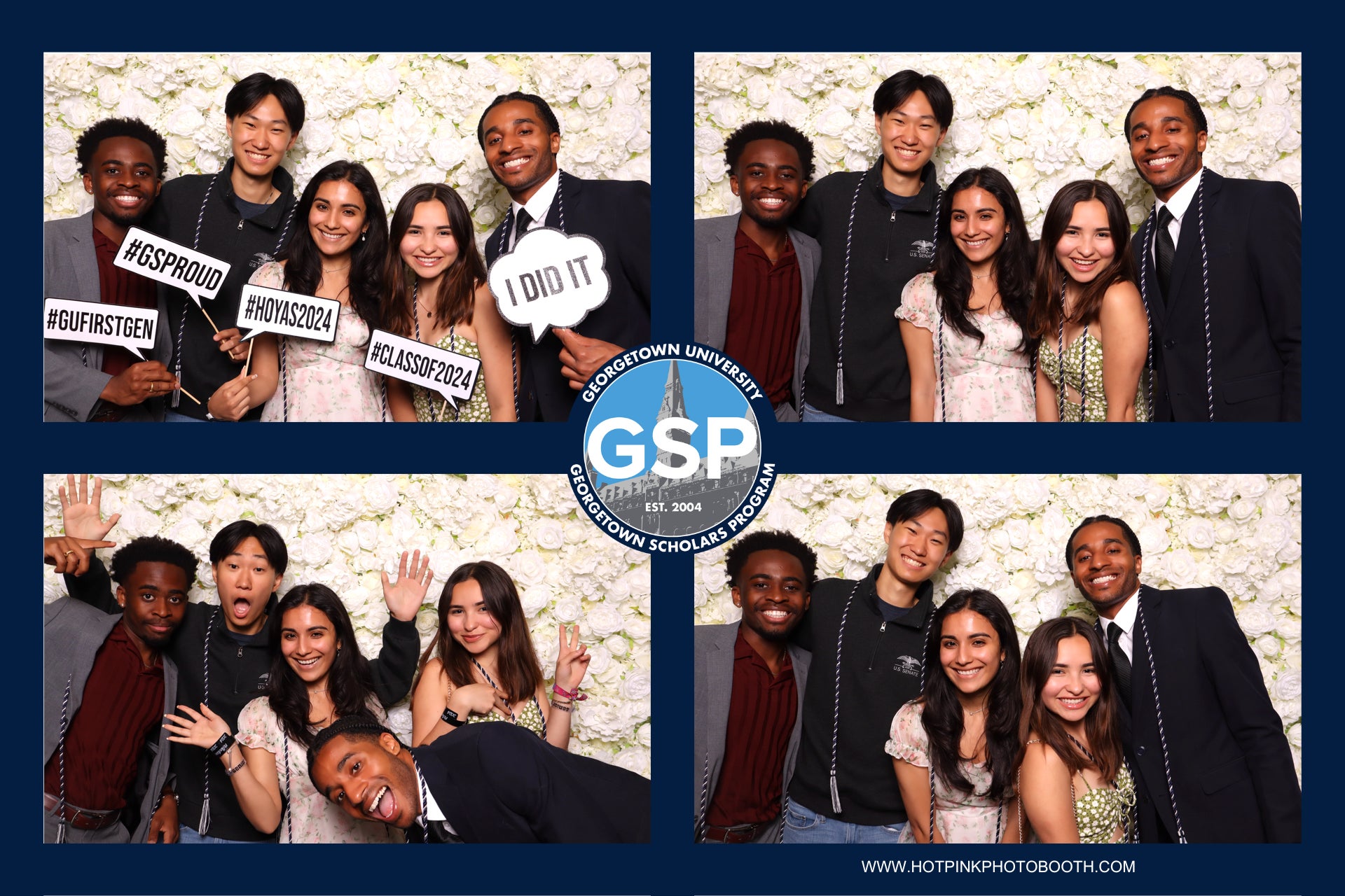 Collage of four photos of GSP students in formal attire on commencement weekend.