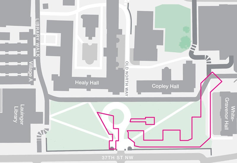 Map of Healy and Copley Lawn. The pink line marks Expanded Phase I. 