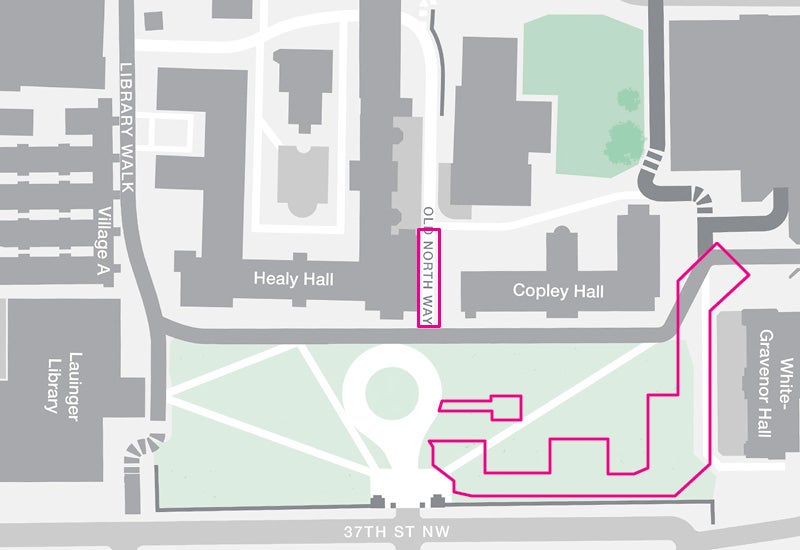 Map of Healy and Copley Lawn. The pink line marks Phase II. 