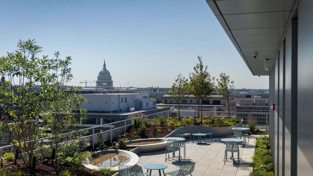 The terrace of a building looks out onto the U.S. Capitol.