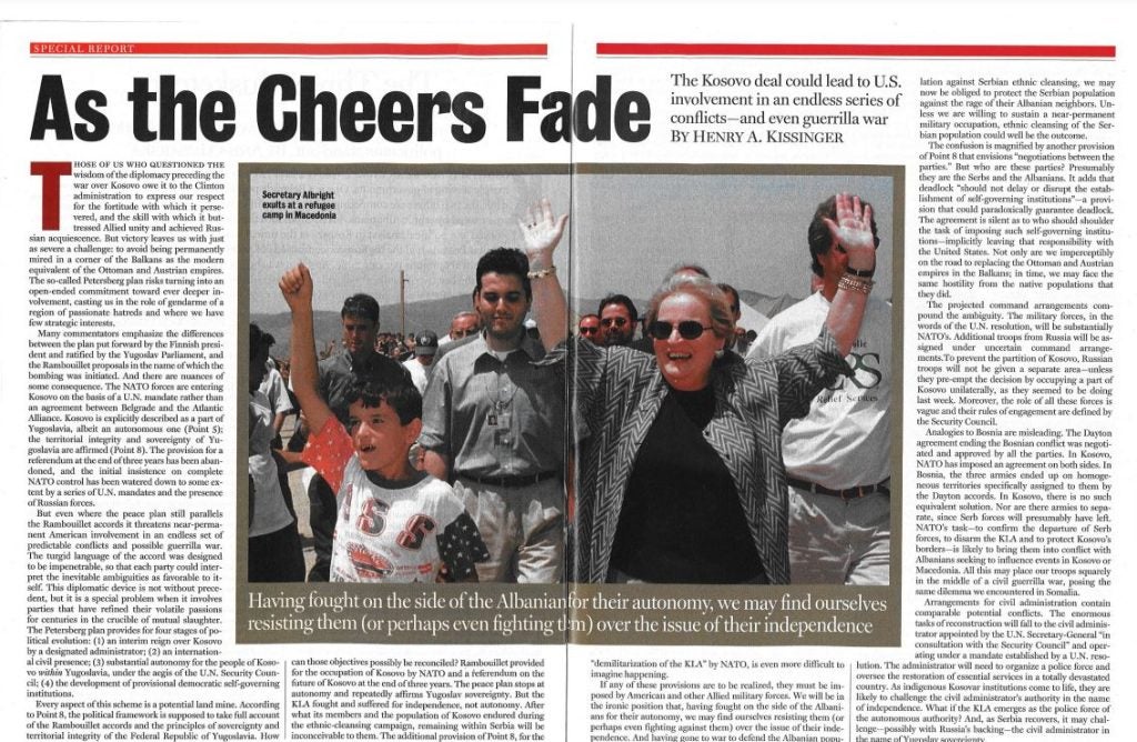 Scan of a Newsweek article with a photo of Gillen with Madeleine Albright and others