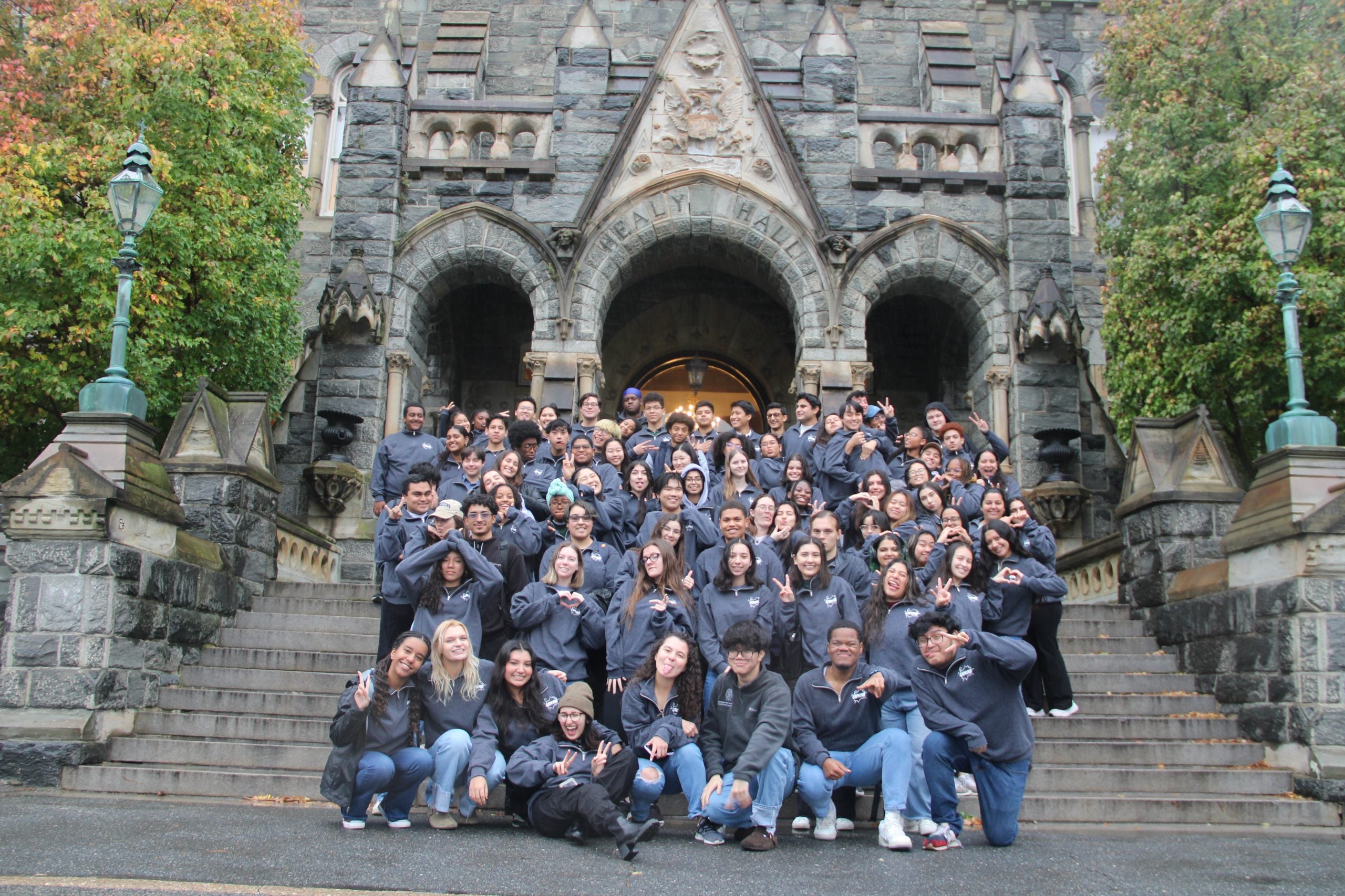 GSP students in matching shirts on Healy Steps