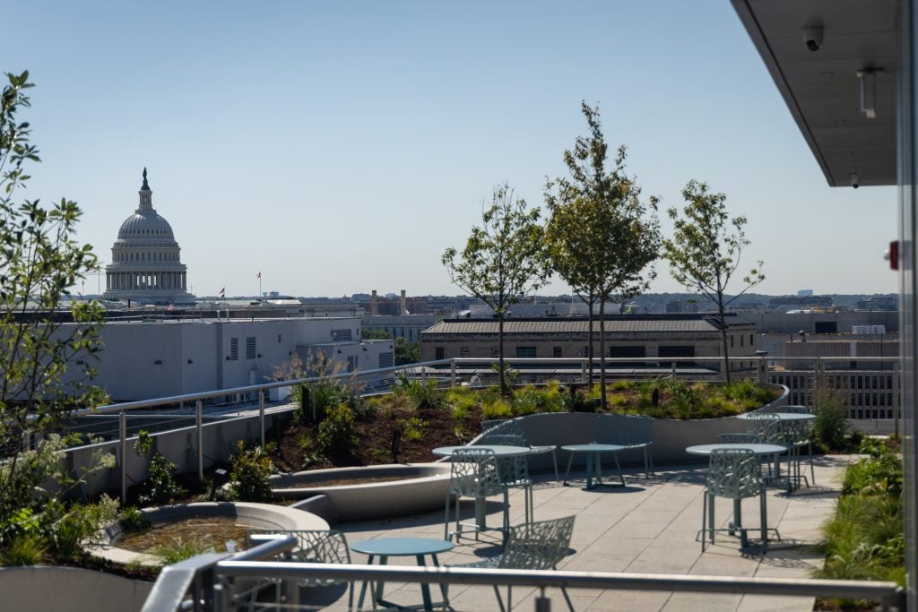 A roofotp patio with a view of the U.S. Capitol.