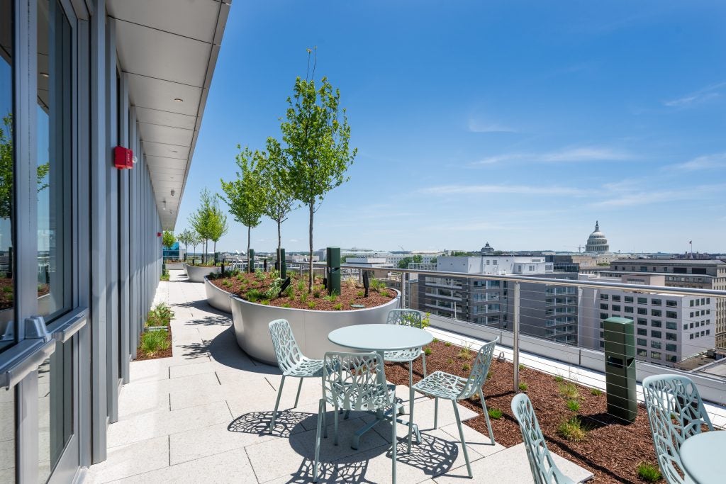 Out door terrace with tables and the US Capitol in the background on a sunny day