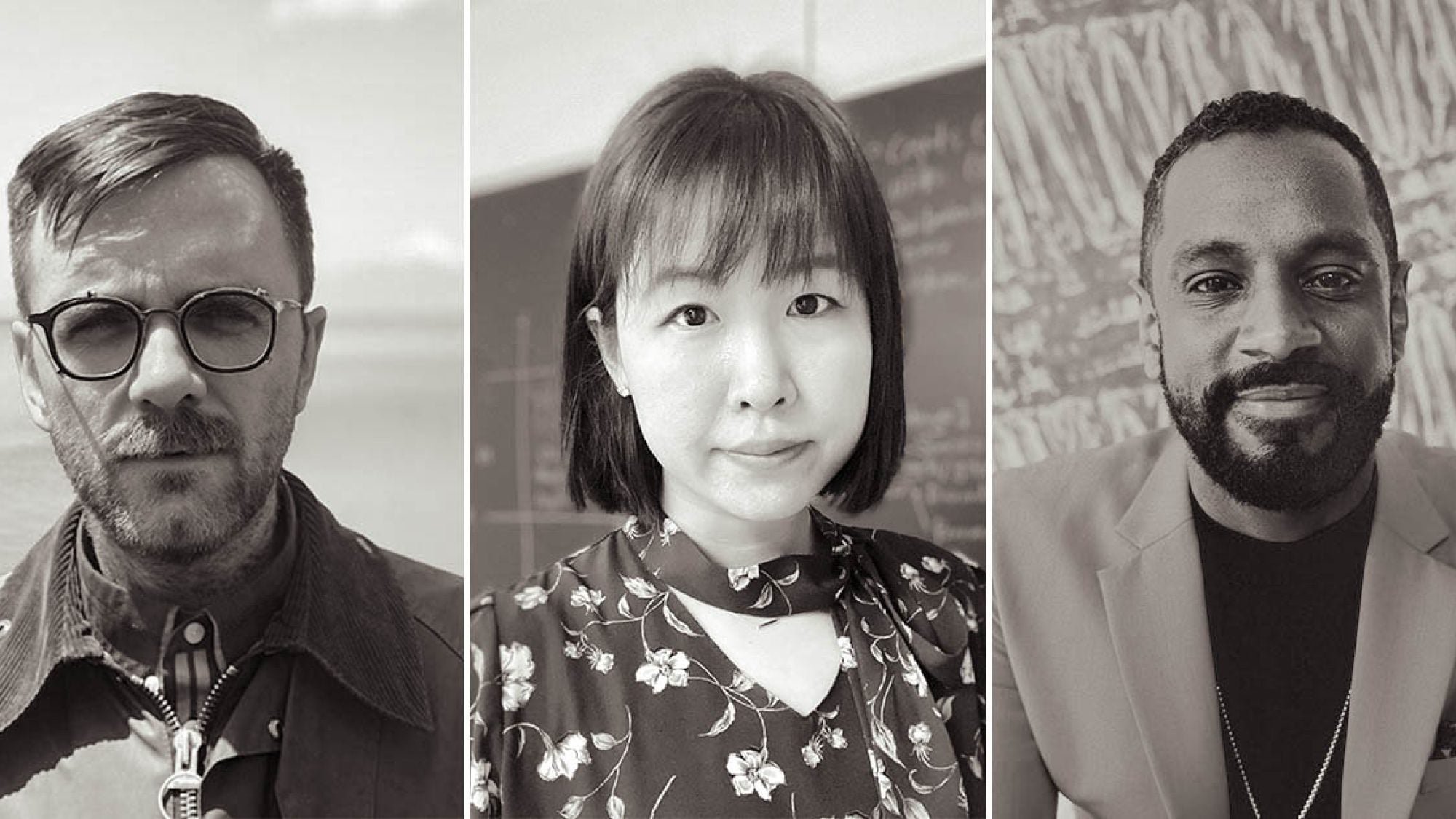 Three black-and-white headshots of Professors Timothy Newfield, Diana Kim and Carlos Simon.