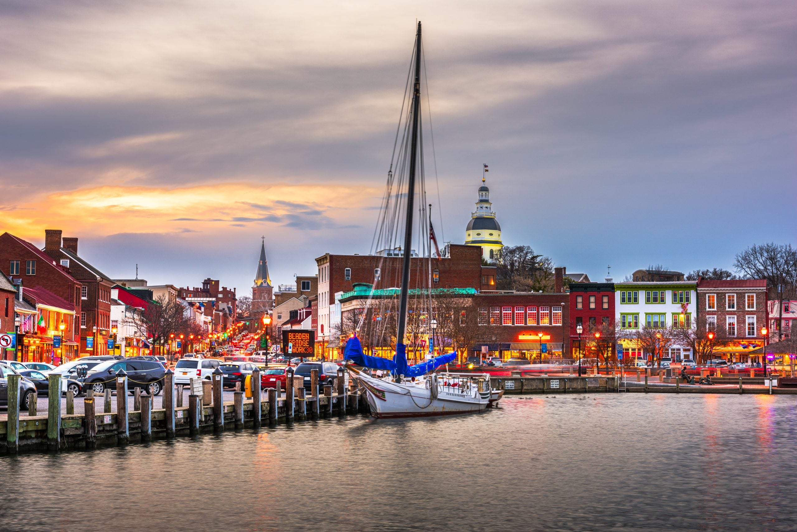 Riverside roads in Annapolis, Maryland, shine at sunset