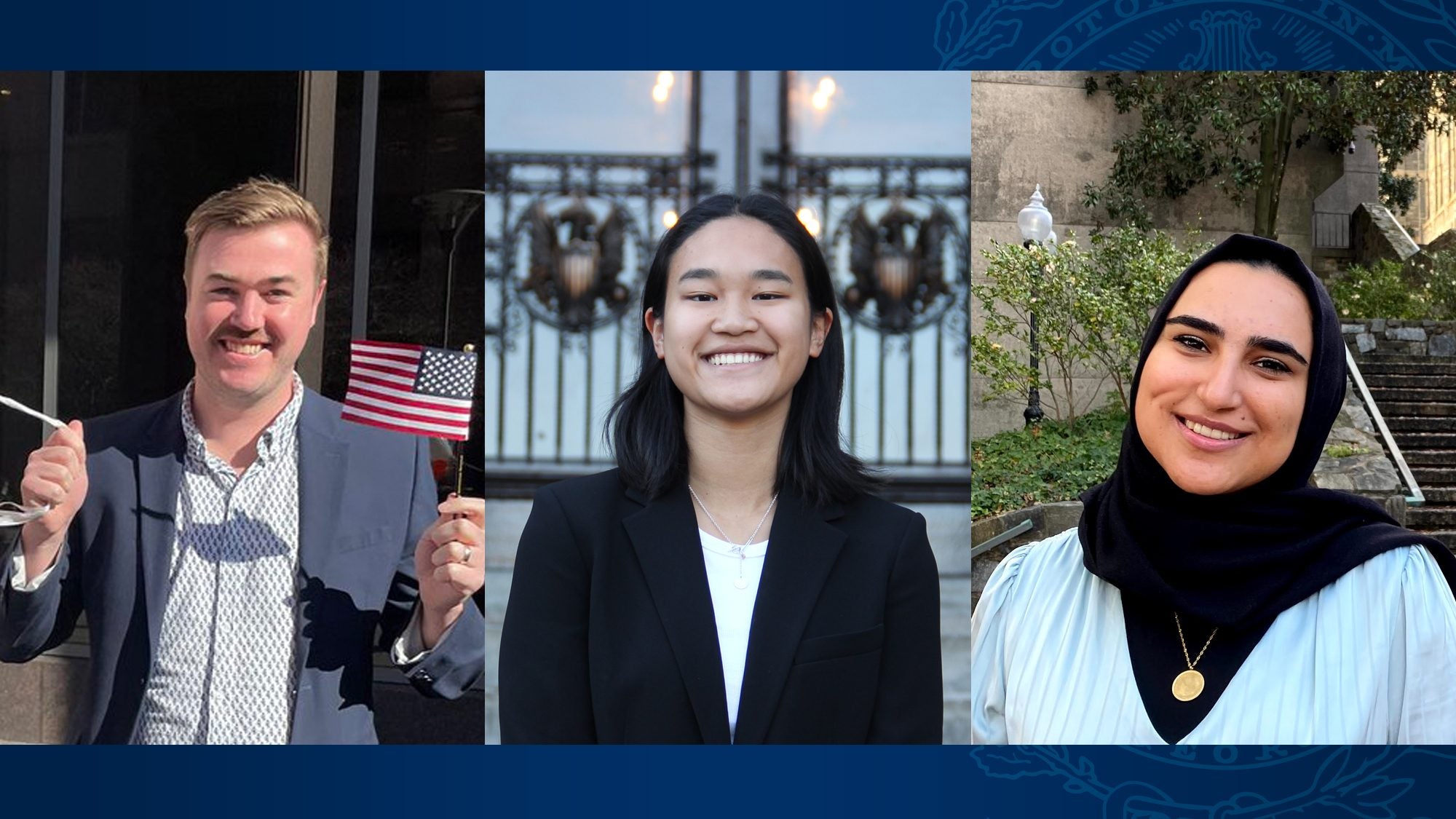 Collage with photos of three students, including a white man, an Asian woman and a Middle Eastern woman.