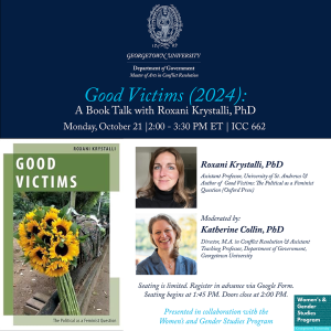 Digital flyer for October 21, 2024 book talk with Dr. Roxani Krystalli from Unversity of St. Andrews