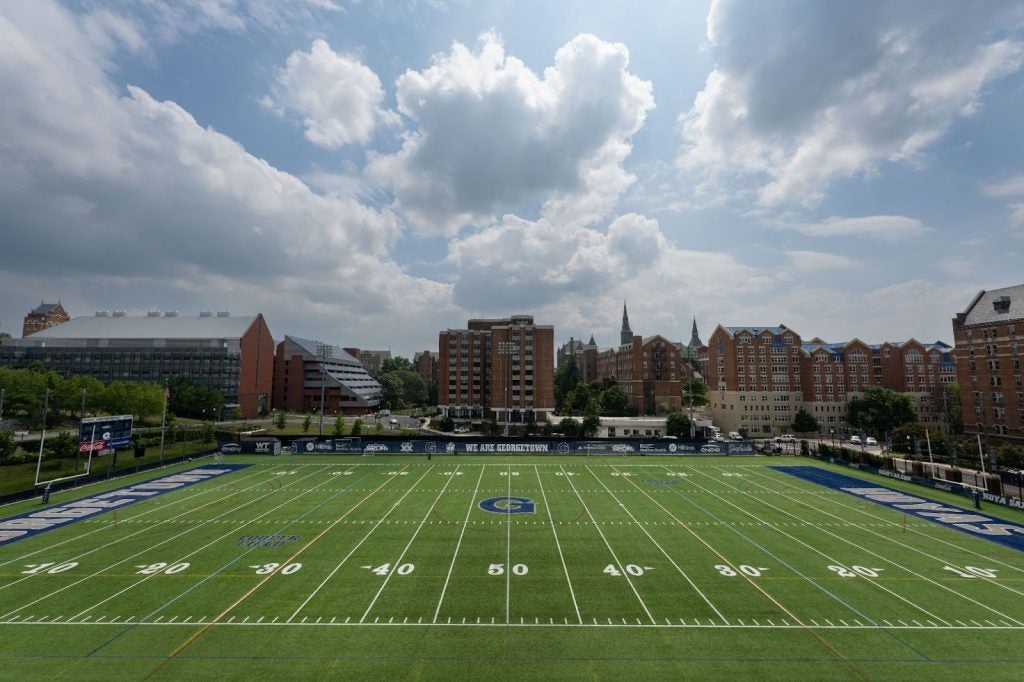 An aerial view of a football field at Georgetown.