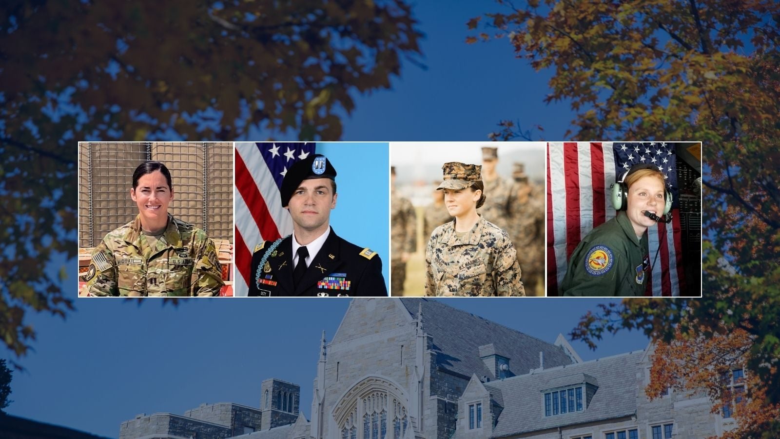 Four pictures of veterans against a building on Georgetown&#039;s campus