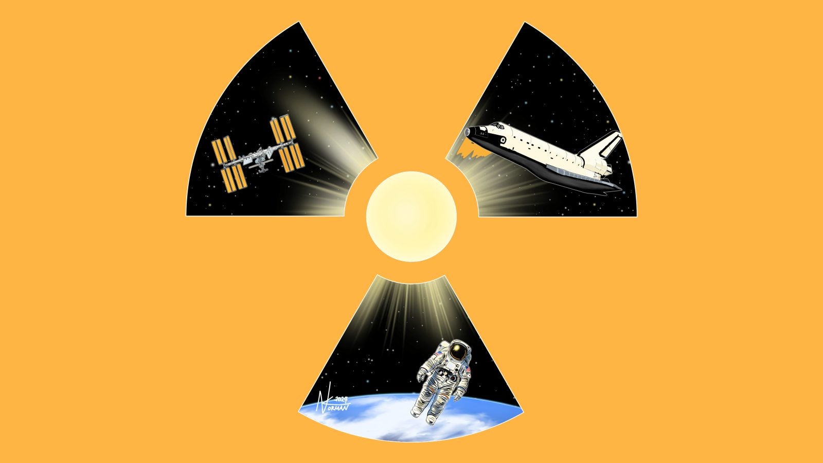 The International Space Station, a space shuttle and an astronaut on a spacewalk appear within the shapes of the international radiation symbol