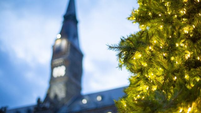 Christmas tree with Healy Hall in the background