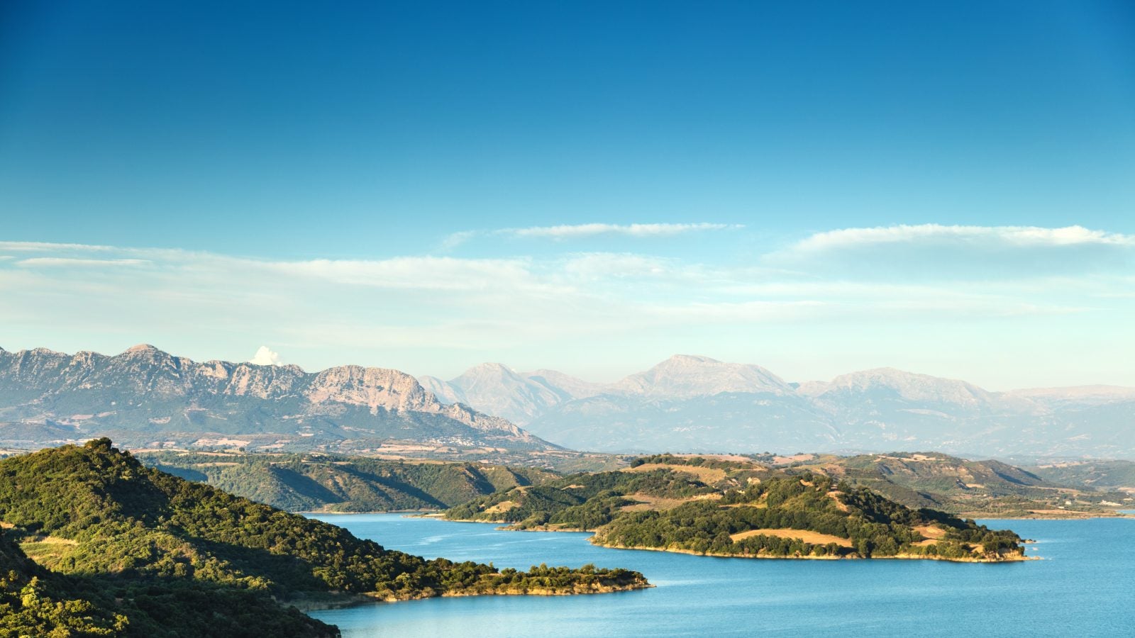 A vista of mountains and ocean in Greece