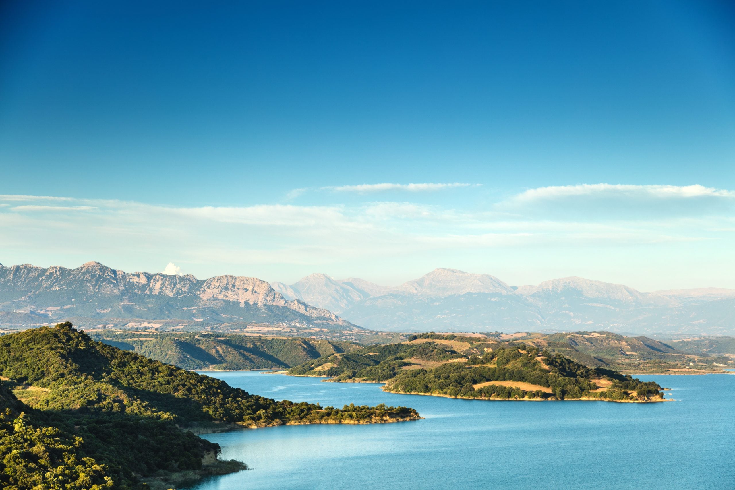 A vista of mountains and ocean in Greece