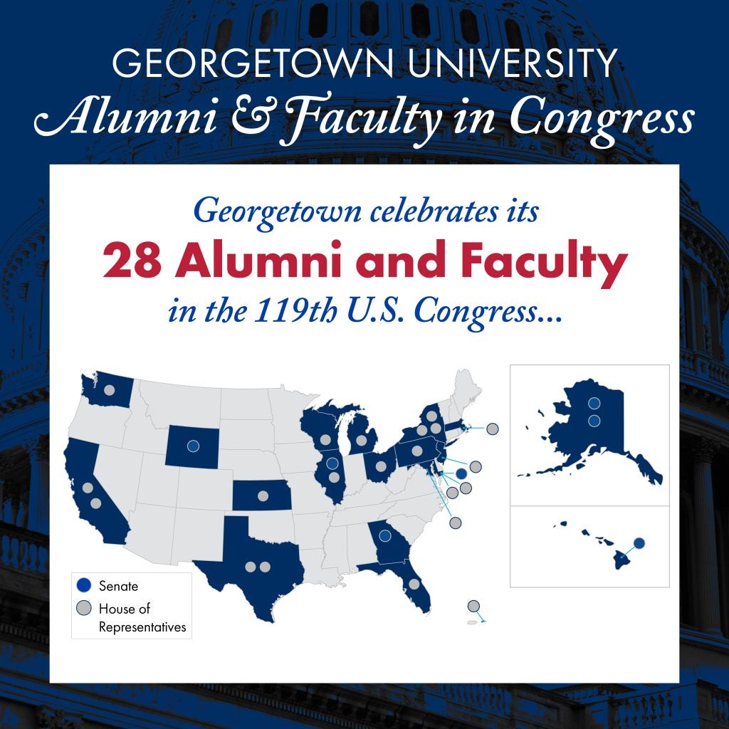 Graphic representation of what states the 28 Hoya alumni and faculty in Congress represent