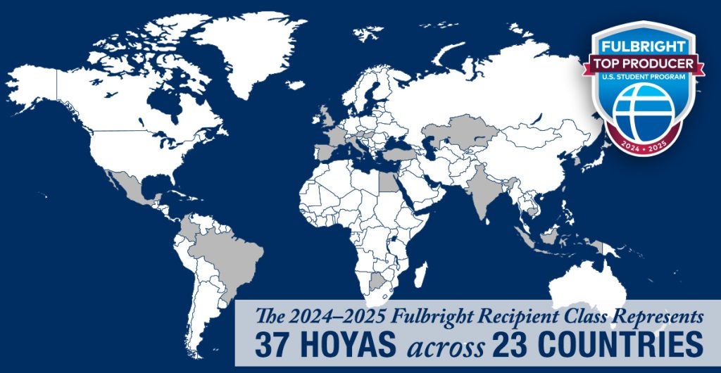 Graphic of the world map with highlighted countries where Hoyas are doing their Fulbrights this year. Graphic ays there are 37 Hoyas across 23 countries.