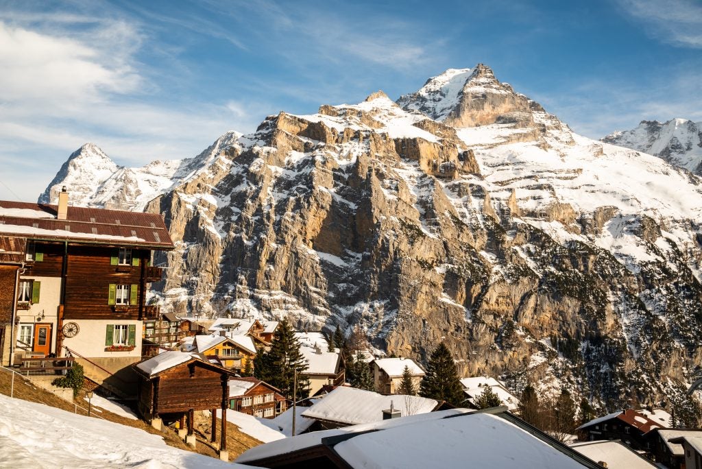 Town on the mountainside in the Swiss Alps