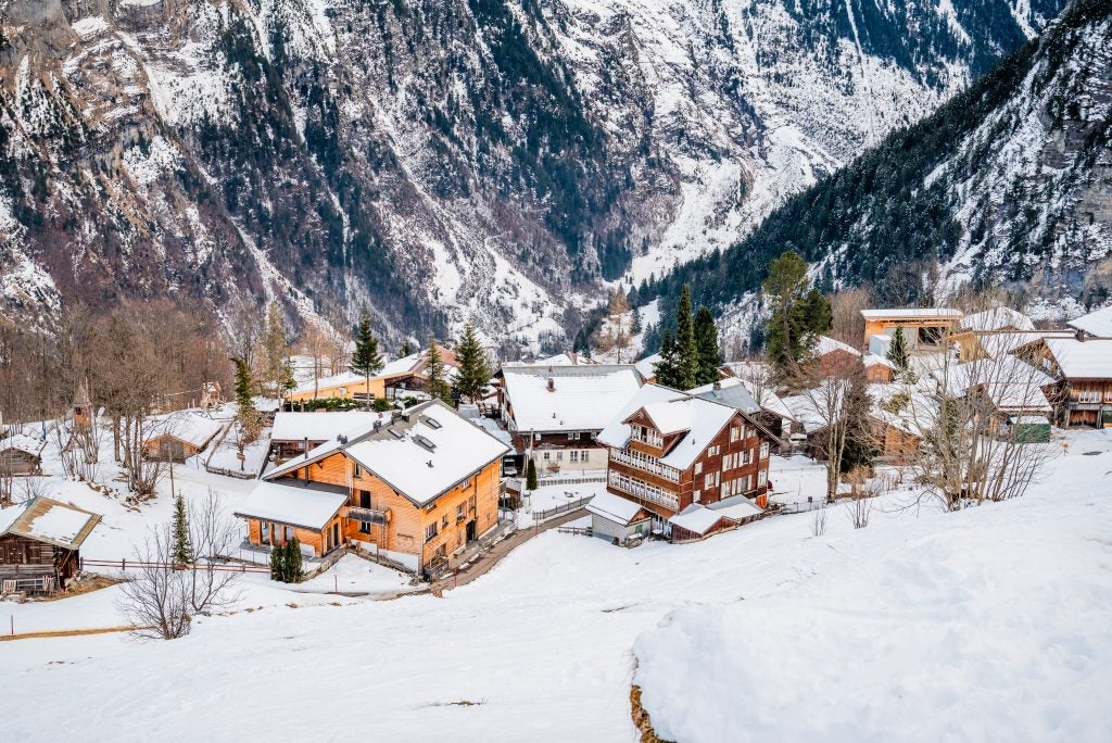 A town in the snow Swiss Alps