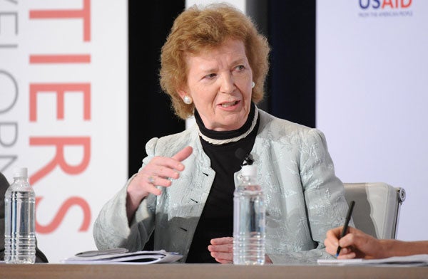 Mary Robinson speaks while seated on a panel