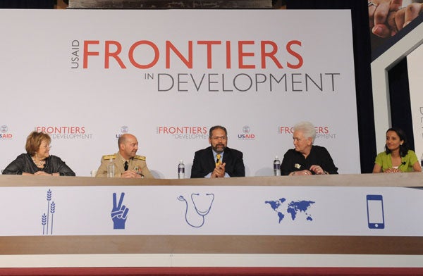 Johanna Mandelson Forman, James Stavridis, Ray Suarez, Gayle Smith and Nadwa Al-Dawsari speak on a panel while seated