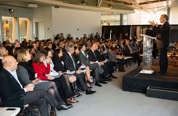 Georgetown Provost Robert Groves delivers speech to audience.