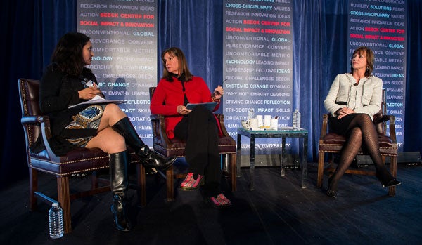 Sonal Shah talks with Pamela Omidya and Jean Case onstage about social impact.