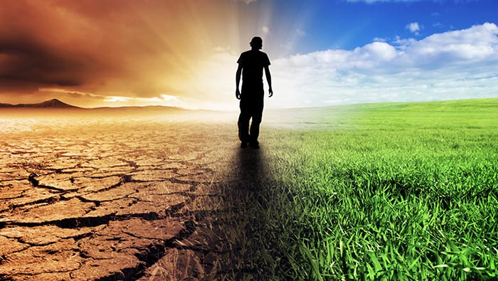 A computer-generated image depicts a silhouette walking a line between a green field and a barren wasteland. 